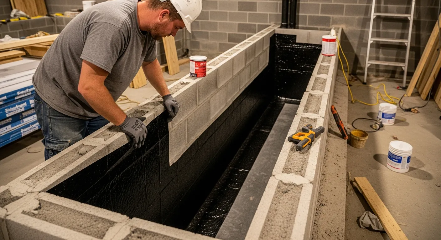 Basement foundation wall showing waterproofing treatment
