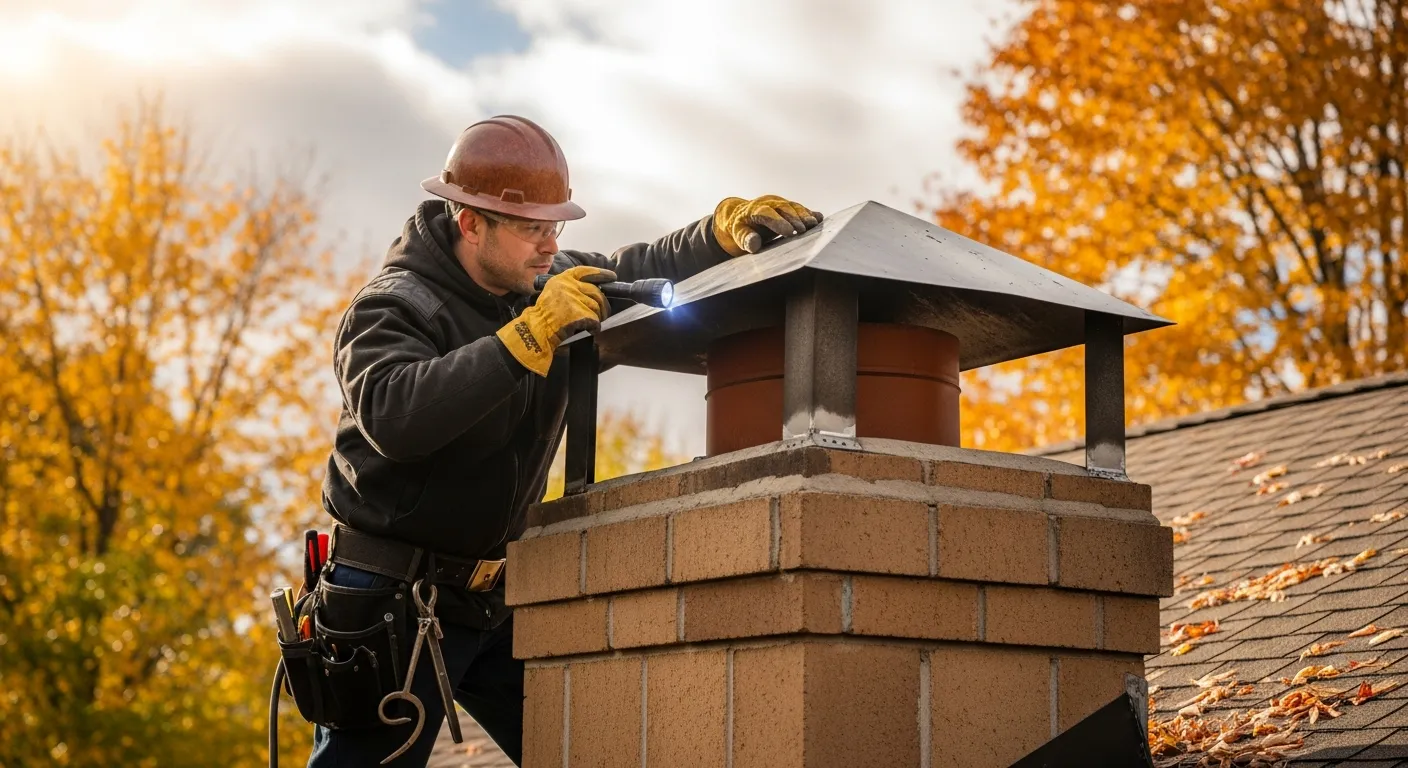 Professional chimney inspector examining masonry chimney on Michigan home