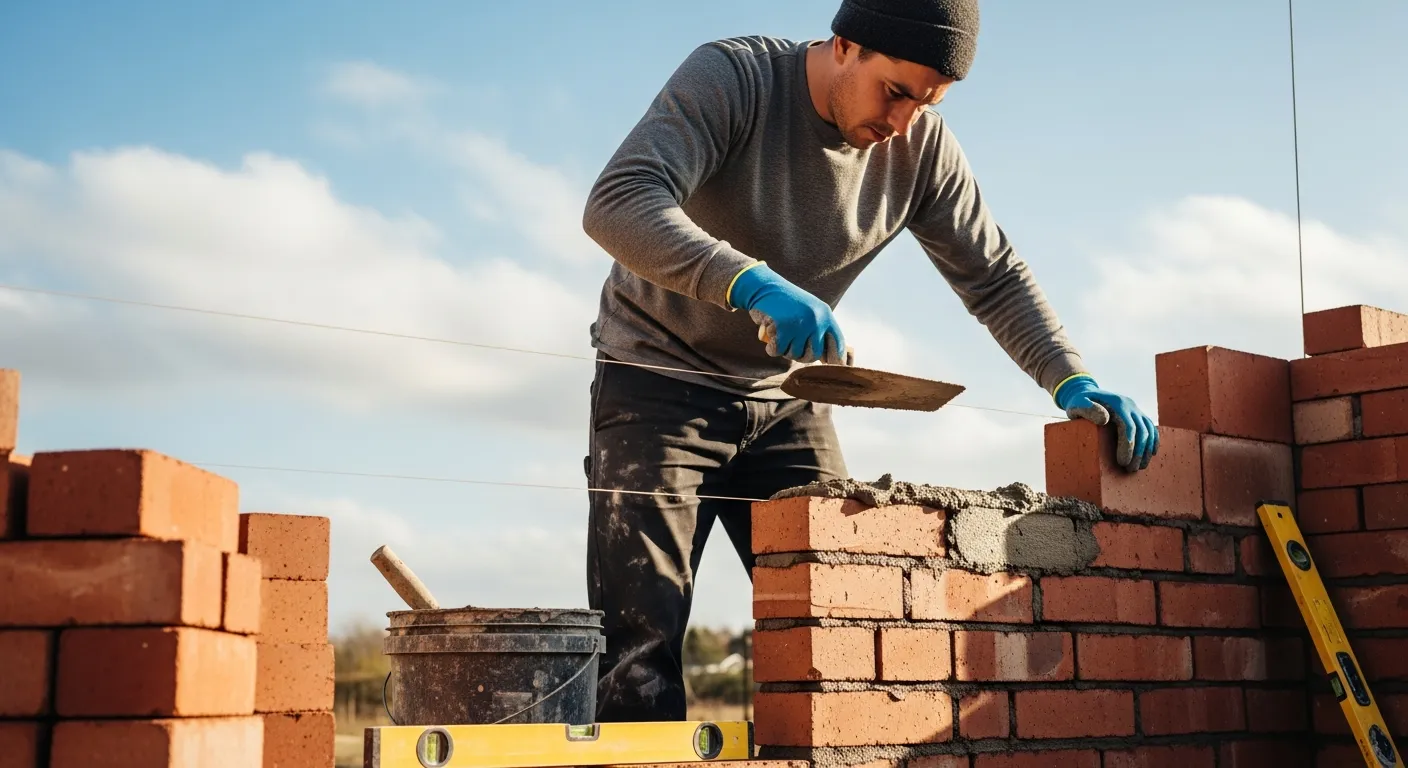Homeowner doing hands-on masonry repair work with tools
