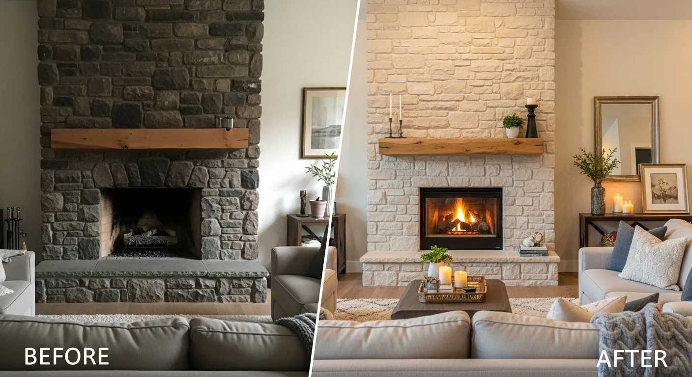 Stone veneer fireplace resurfacing project in a West Michigan living room