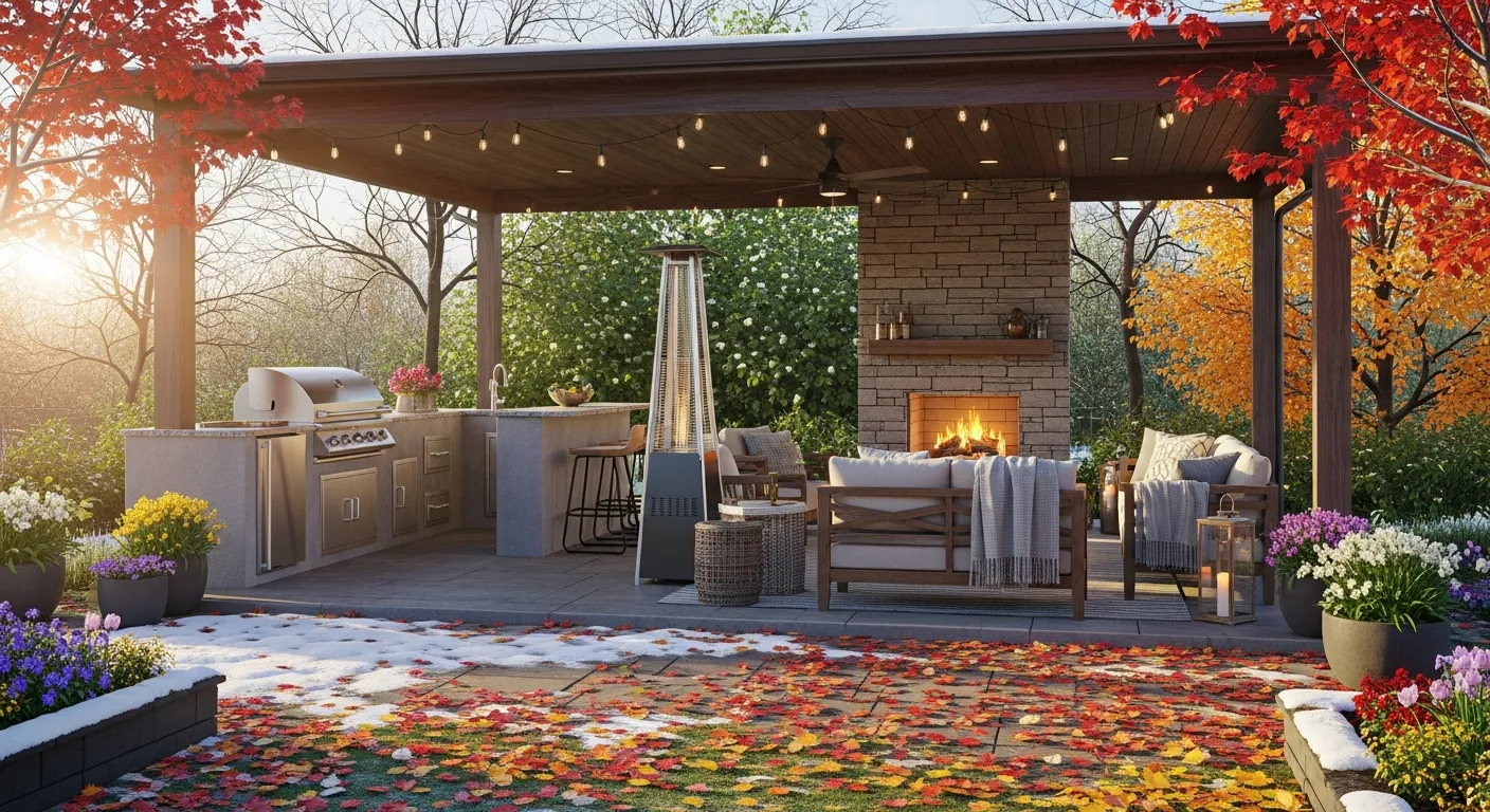 Four season outdoor living space with covered patio and stone fireplace