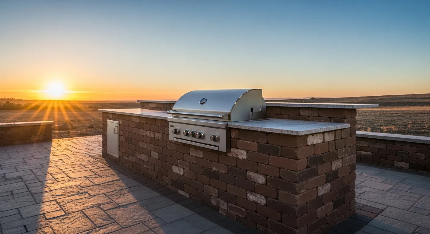 Built-in outdoor grill station with stone surround and countertop