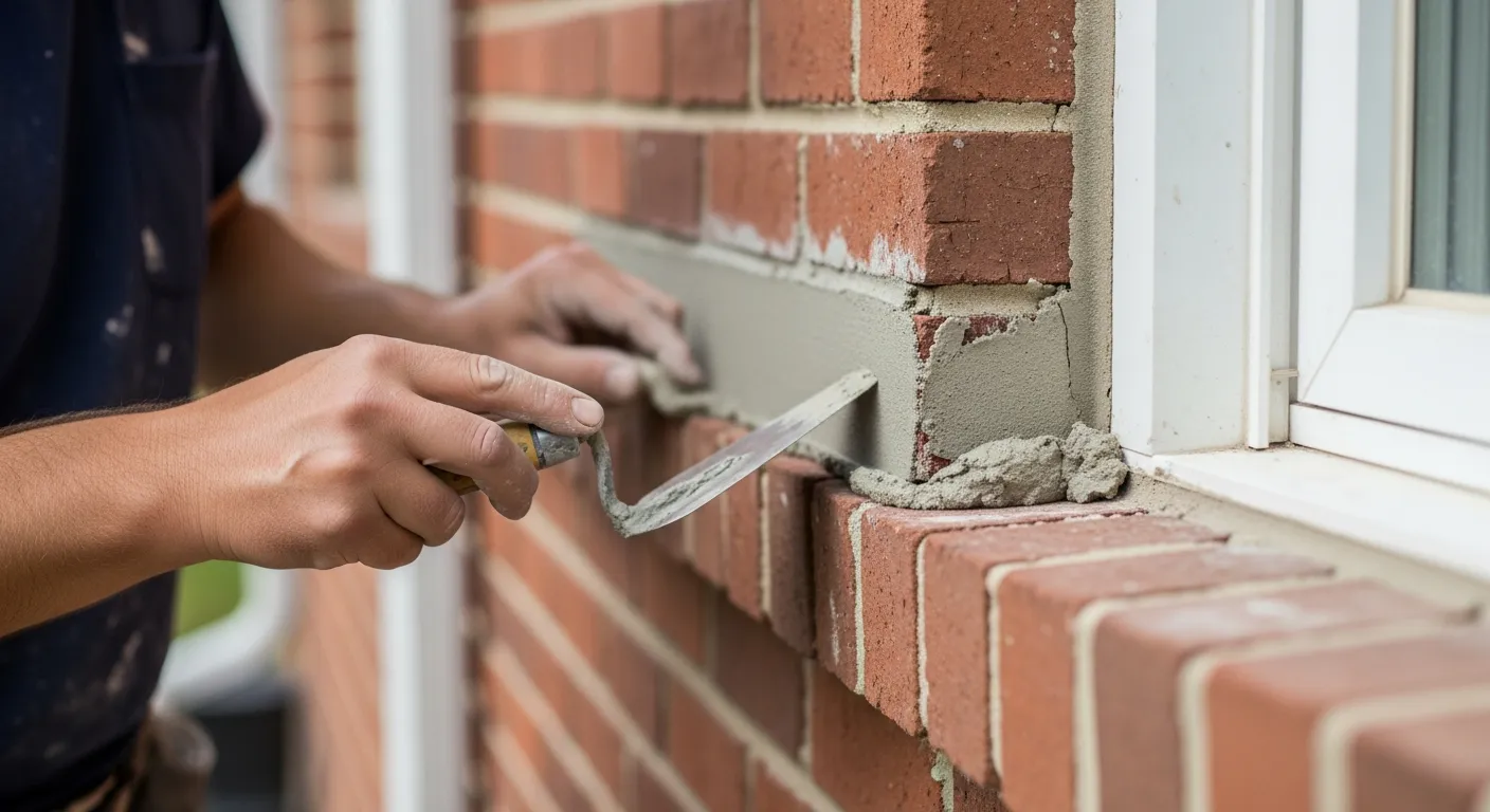 Mason performing tuckpointing work on brick wall mortar joints