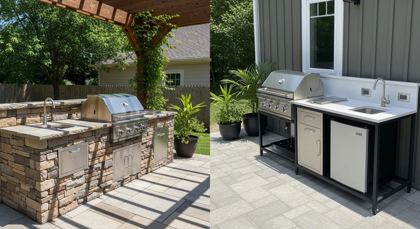 Custom masonry outdoor kitchen with stone veneer construction