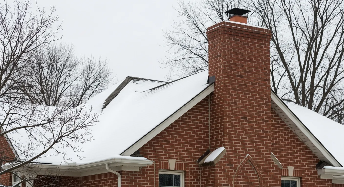 Brick chimney on snow-covered Michigan home in winter