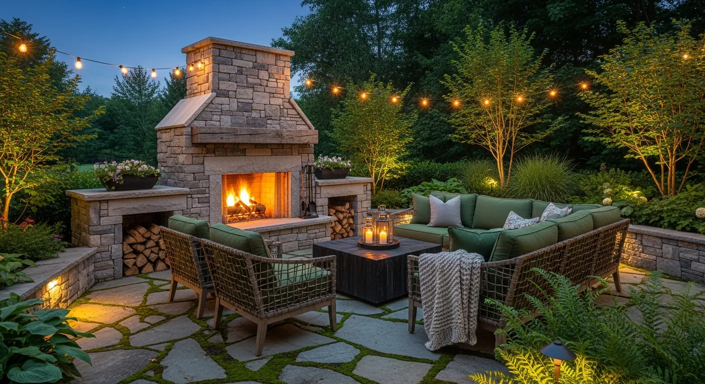 Beautiful stone outdoor fireplace with seating area in backyard
