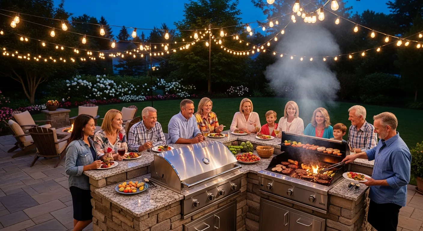 Outdoor kitchen designed for entertaining with seating area