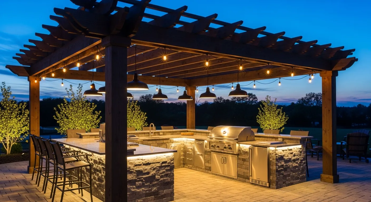 Outdoor kitchen with beautiful ambient lighting at dusk