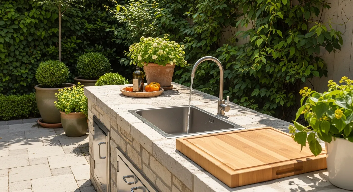 Outdoor kitchen with built-in sink and running water
