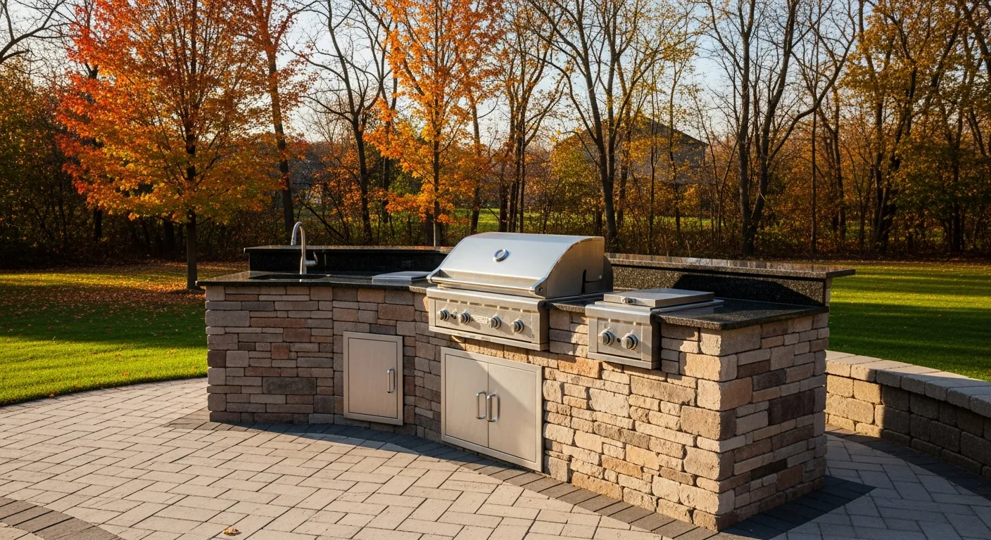 Beautiful outdoor kitchen with stone veneer base and stainless steel grill