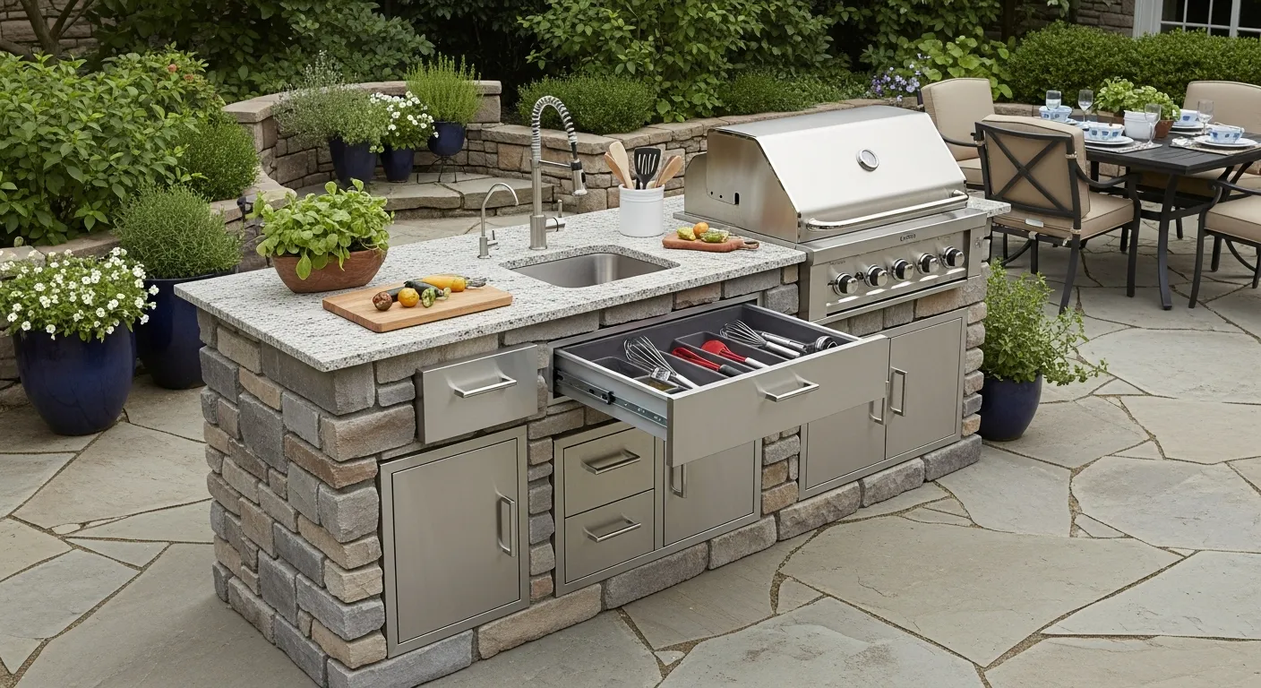Outdoor kitchen with built-in masonry storage cabinets