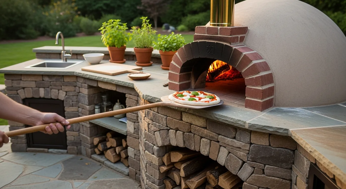 Wood-fired brick and stone pizza oven in backyard setting