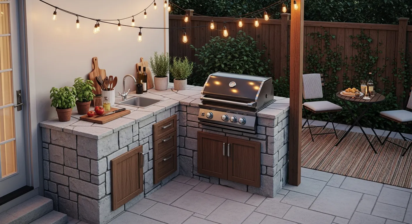 Compact outdoor kitchen on a small patio
