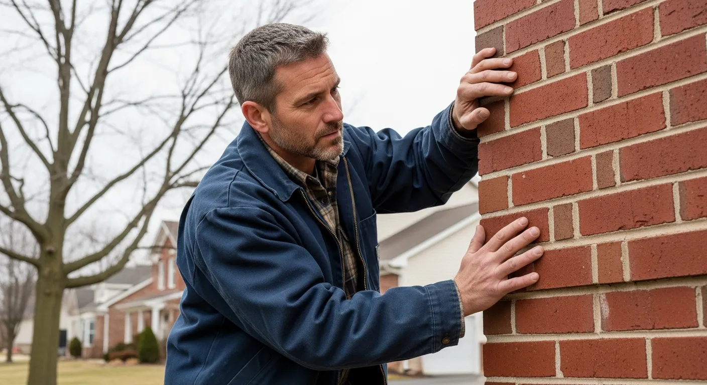 Homeowner inspecting brick exterior wall of Michigan home in early spring