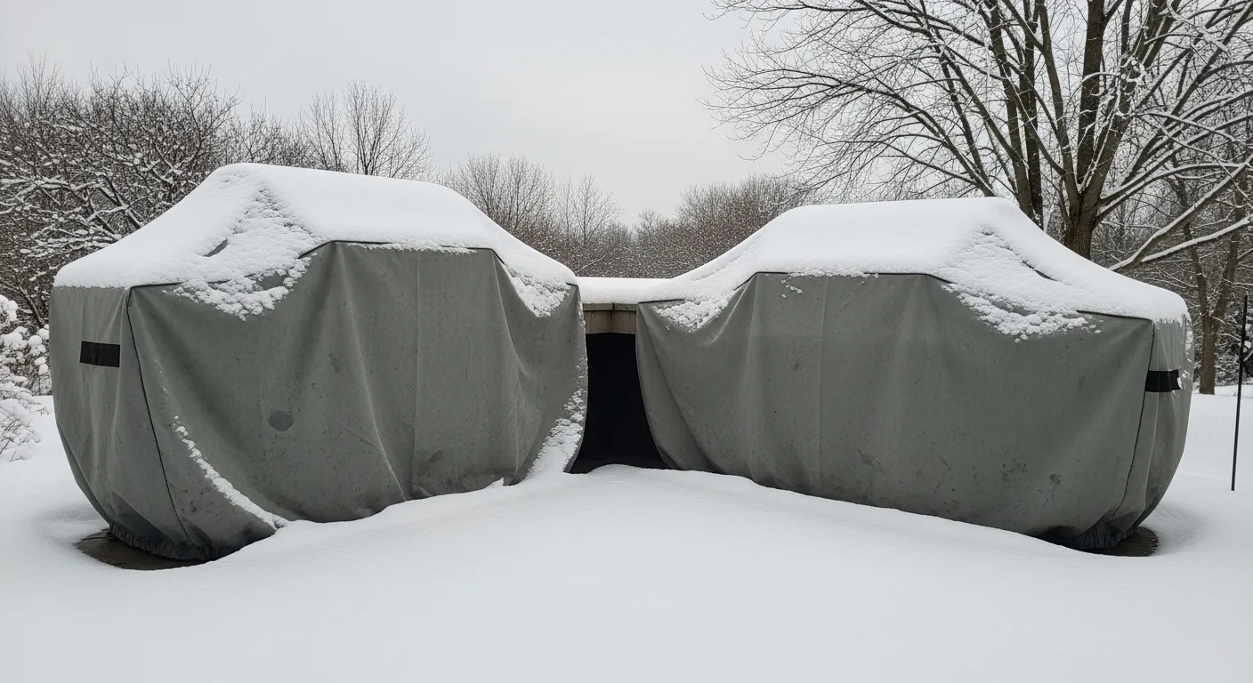 Outdoor kitchen covered for winter with protective covering