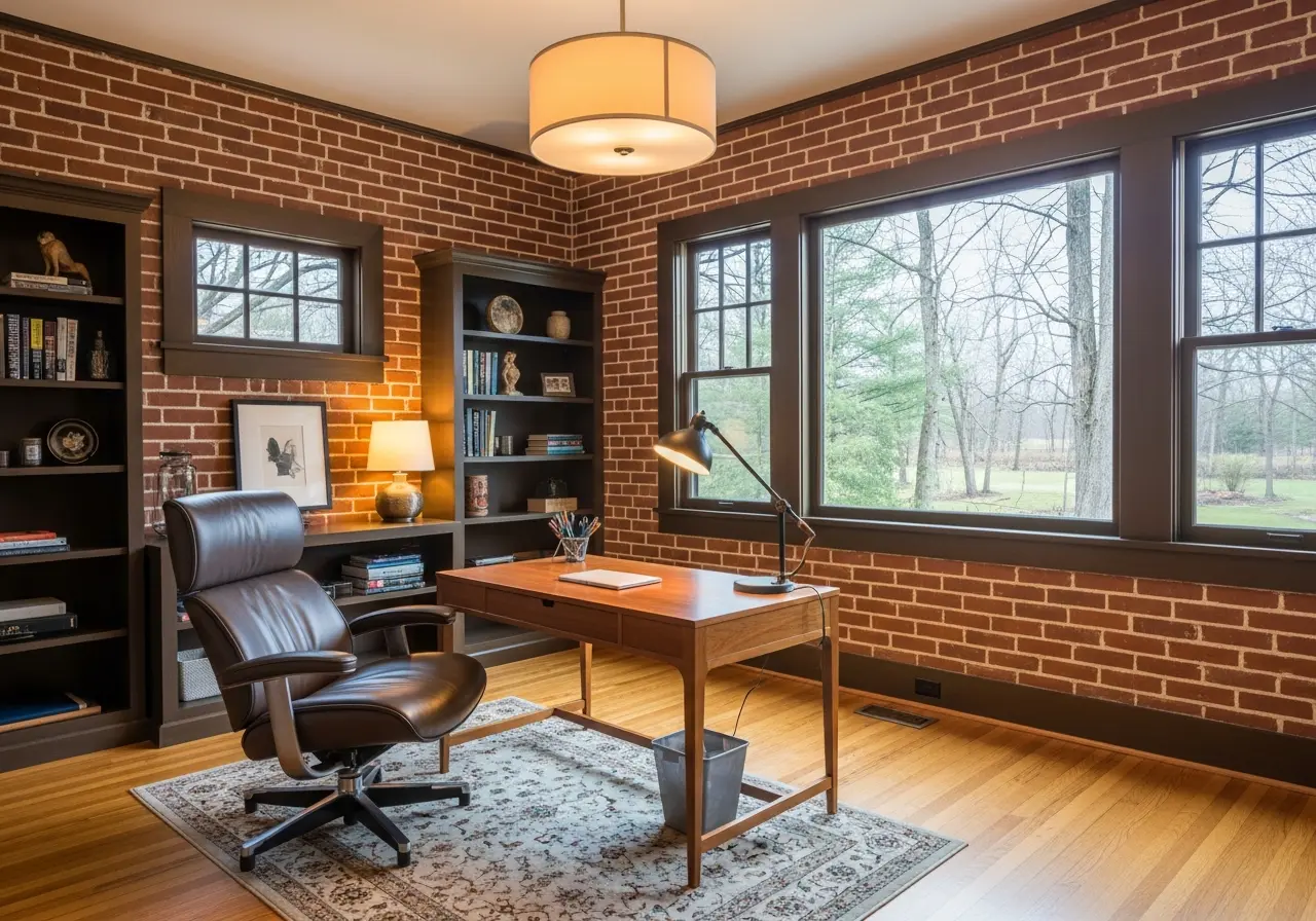 Interior brick accent wall Heritage Hill Grand Rapids MI - home office with brick walls and built-in shelving