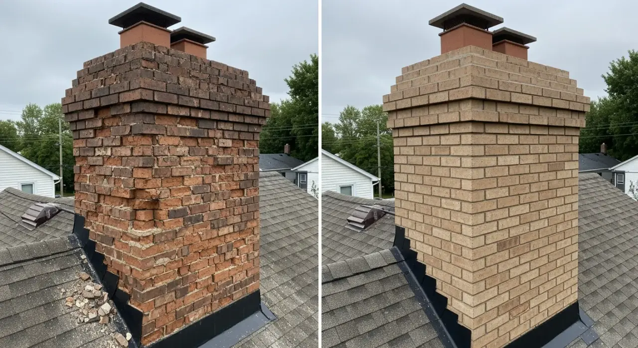 Chimney repair before and after West Michigan - restored mortar joints and crown on brick chimney