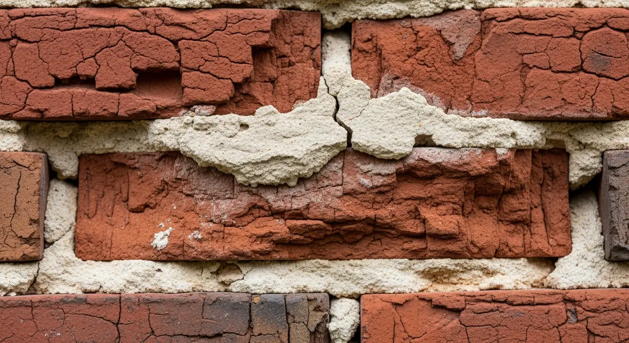 Deteriorating mortar joints with cracks in brick wall needing repair West Michigan