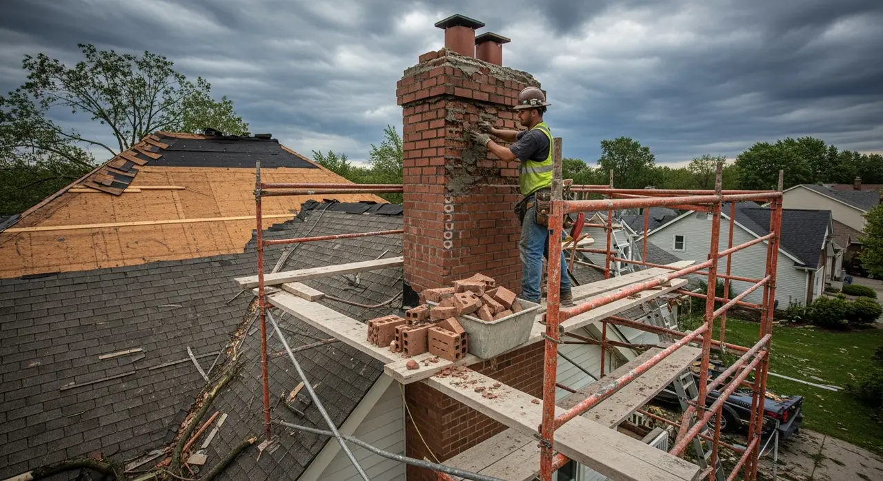 Emergency masonry repair work on damaged chimney