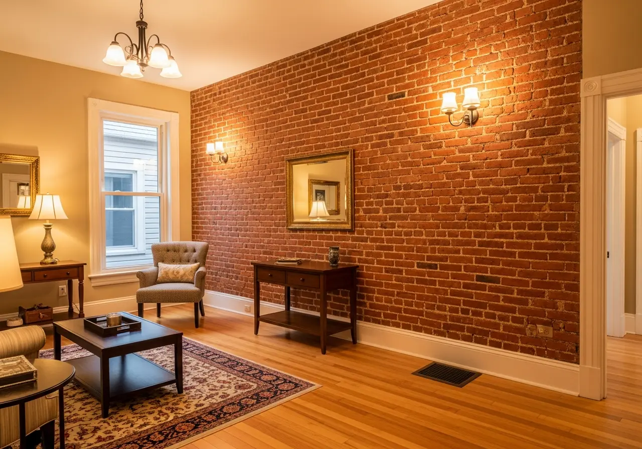 Interior exposed brick wall restoration East Grand Rapids MI - warm living room with restored original brick