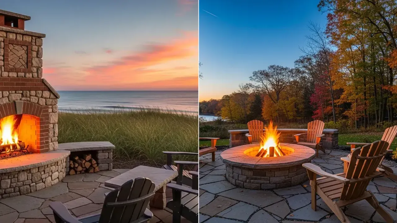 Stone outdoor fireplace and fire pit combination in Michigan residential backyard