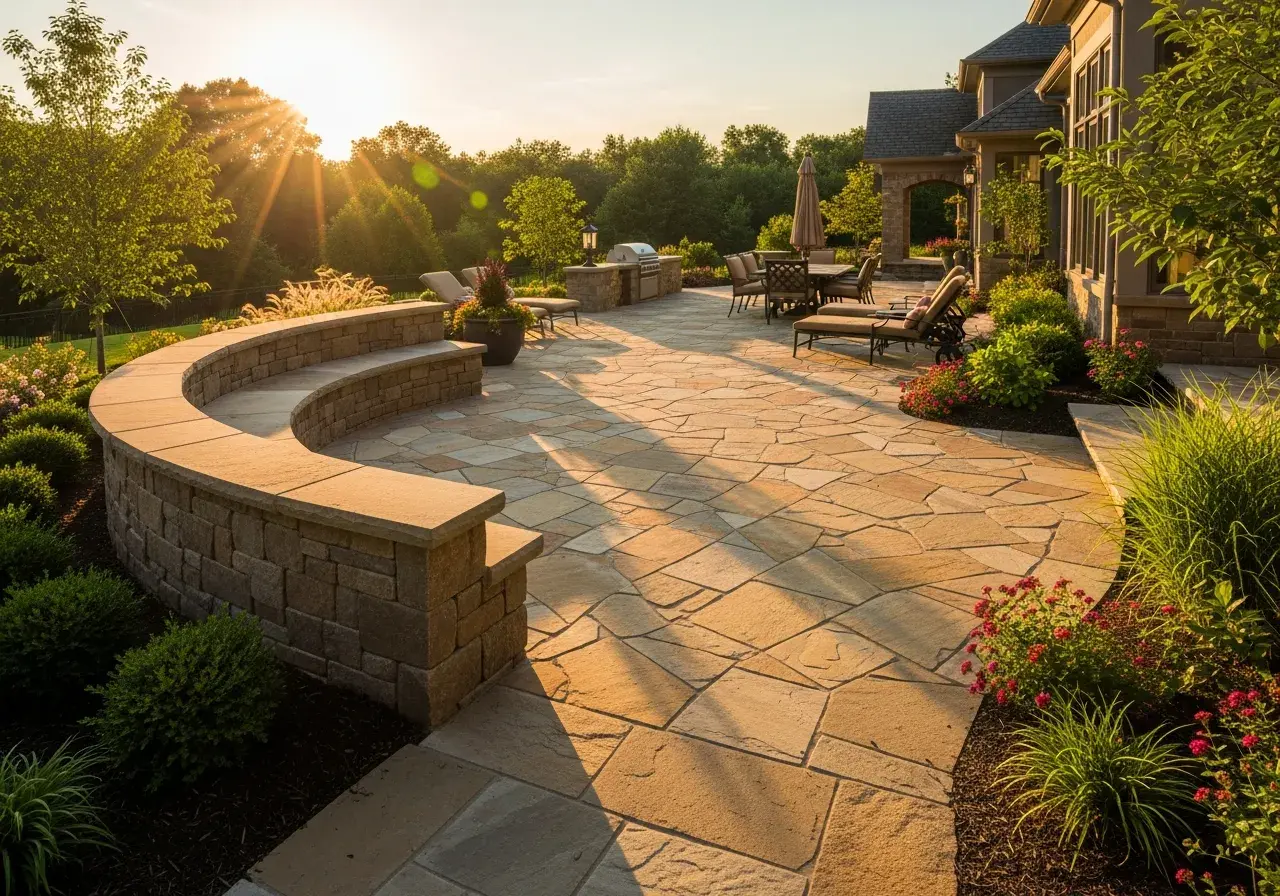 Natural flagstone patio with built-in stone seating area Michigan residential property