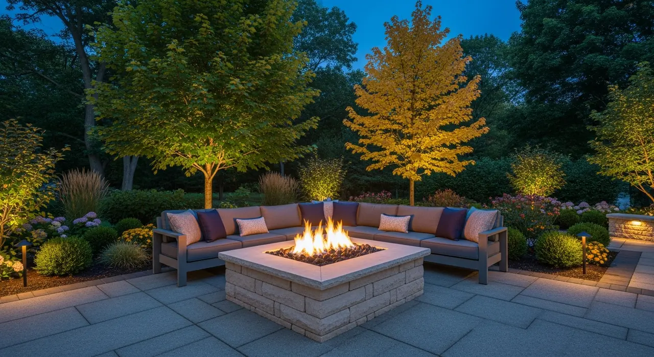 Modern stone fire pit with gas flames in upscale Grand Rapids backyard - outdoor seating Ada MI