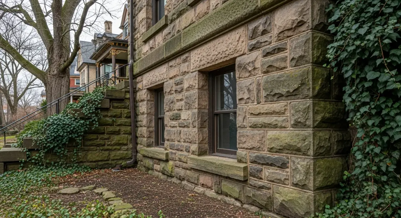 Structural stone foundation masonry work at Heritage Hill historic building