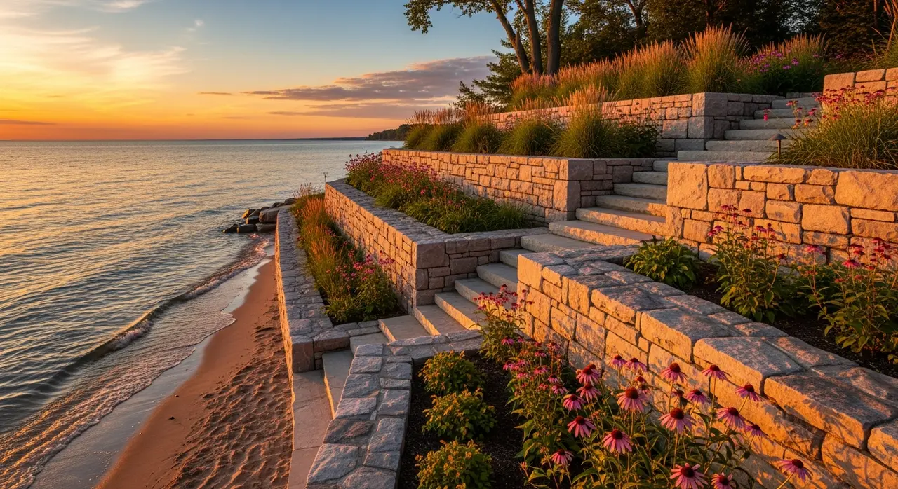 Concrete block wall with integrated steps and stone veneer Lake Michigan property