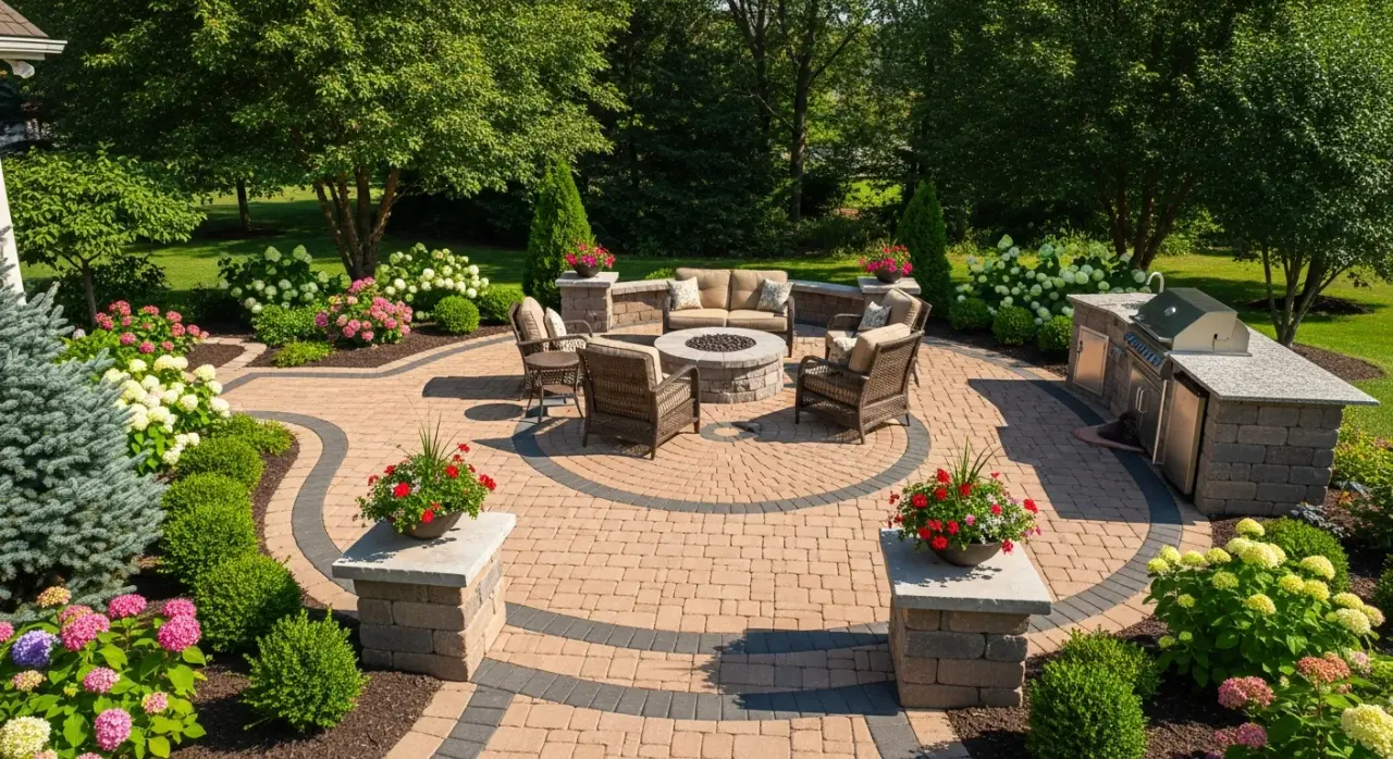 Stone walkway and patio installation at Ada Michigan luxury home