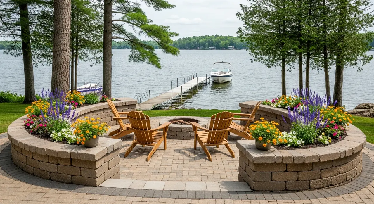 Brick paver patio at Michigan cottage lake house - curved seating wall with dock view Crystal Lake