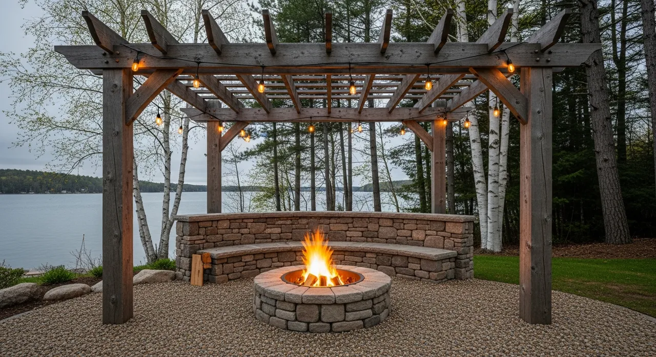 Rustic fieldstone fire pit at Michigan cottage lakefront - string lights and pine trees Higgins Lake