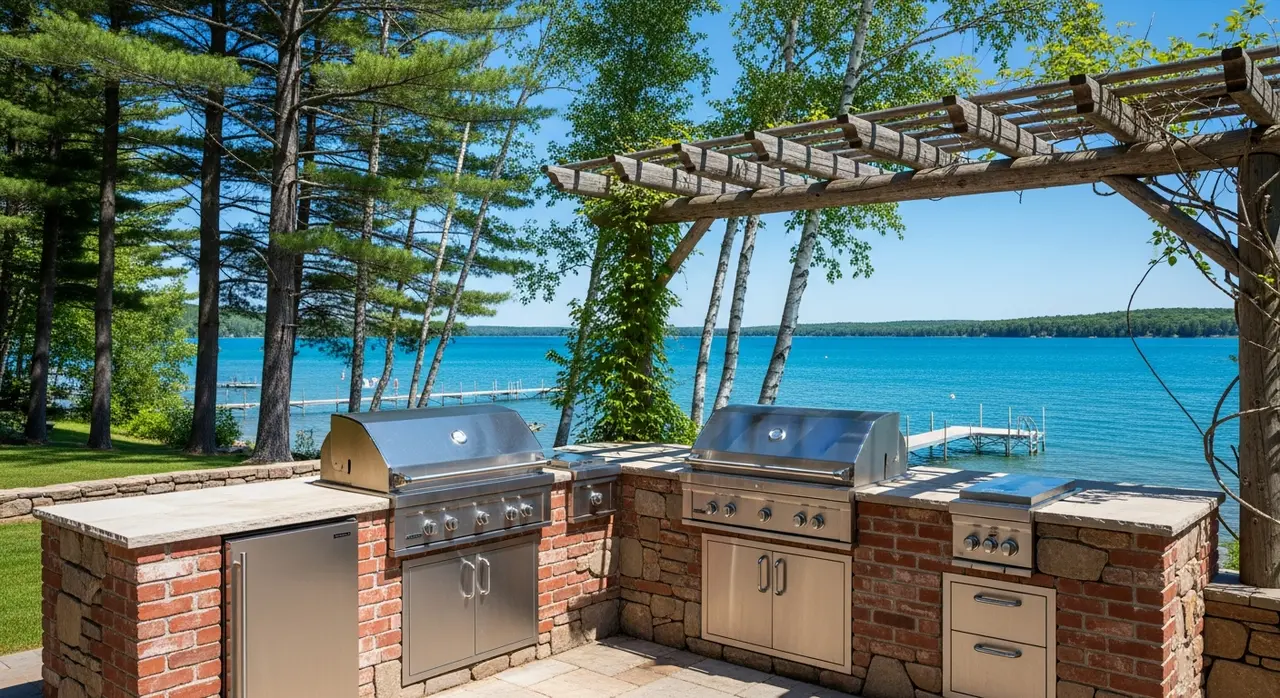 Brick and stone outdoor kitchen on Michigan cottage lake - built-in grill with Torch Lake view