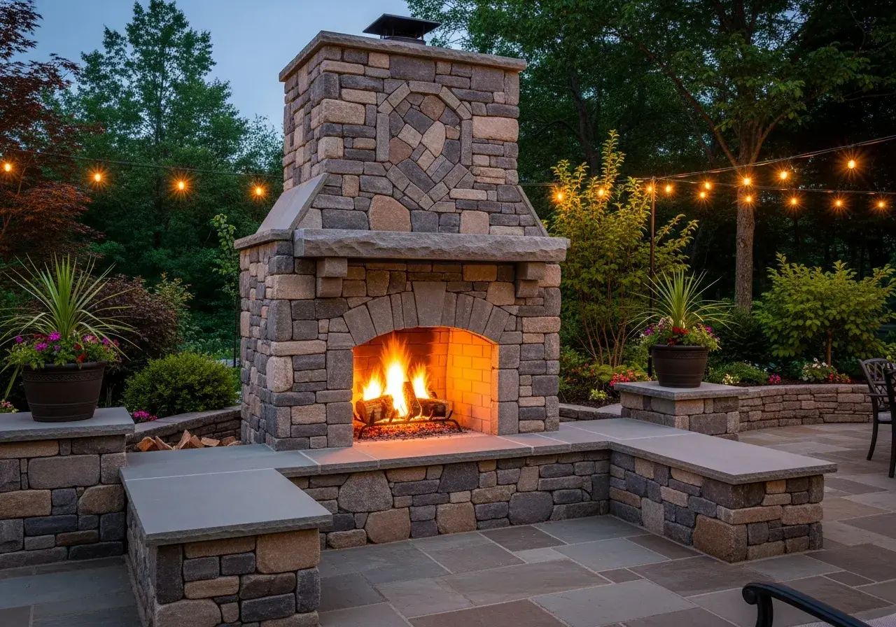 River rock stone masonry fireplace construction in West Michigan home