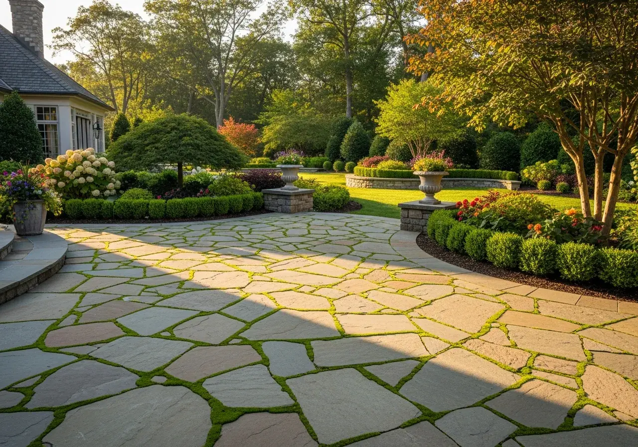 Flagstone patio in Grand Rapids Michigan backyard with outdoor furniture
