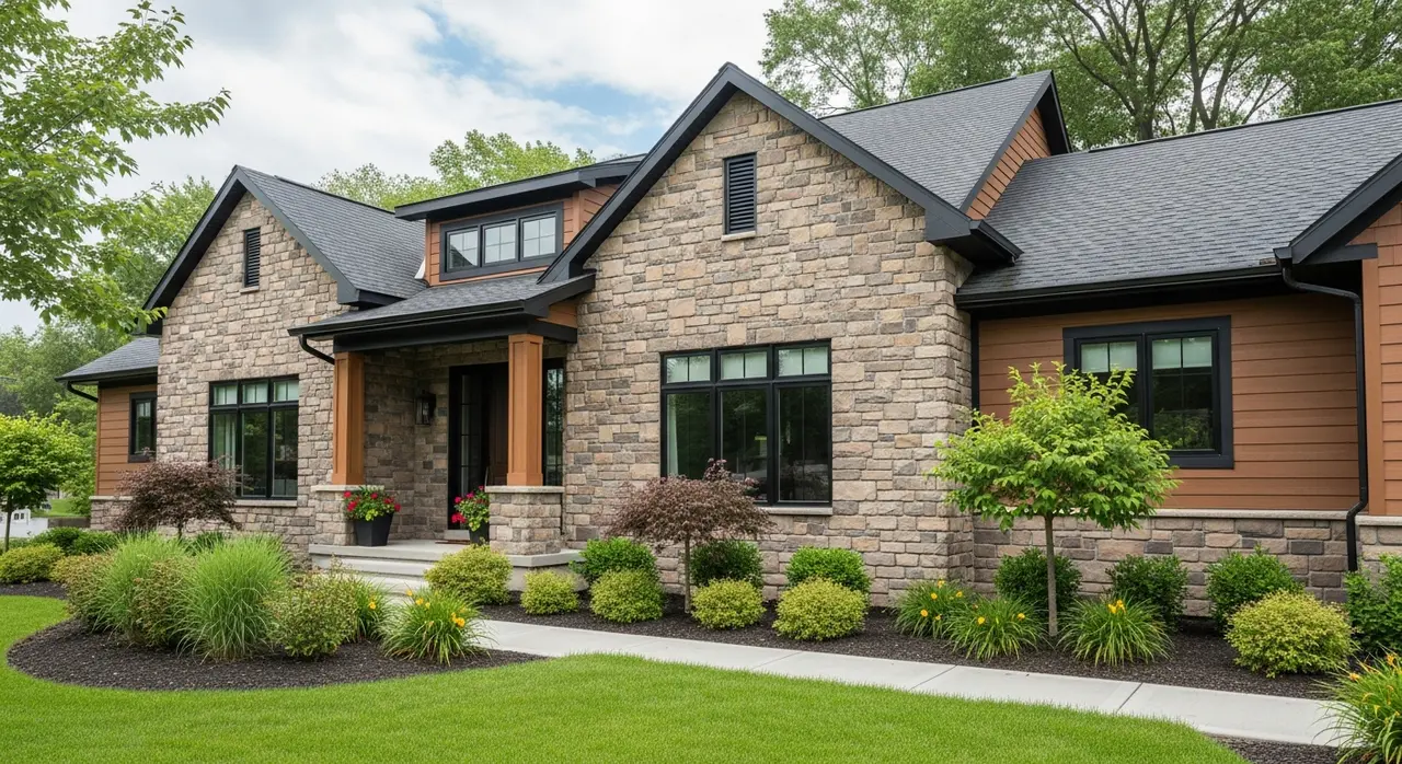 Stone masonry columns on residential home porch in West Michigan