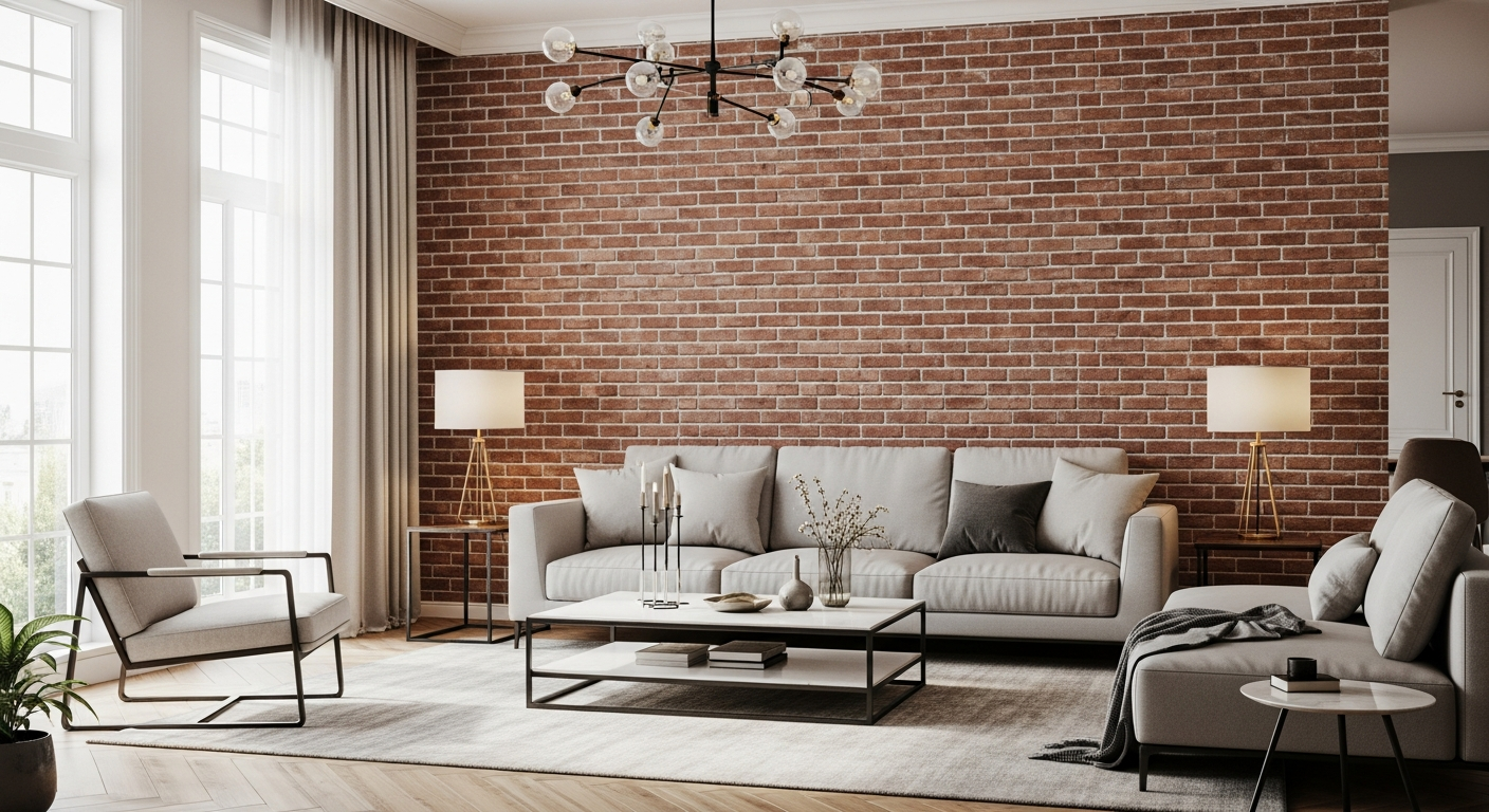 Thin brick accent wall tile installation in a West Michigan living room with warm exposed brick texture