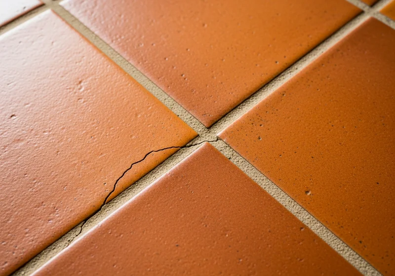 Overhead view of cracked warm terracotta floor tile with a diagonal hairline crack running across the surface