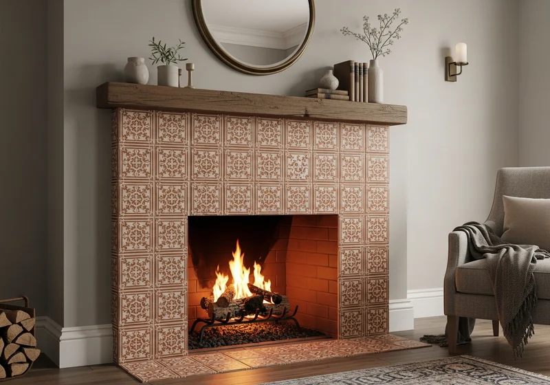 Elegant living room fireplace with warm terracotta and cream patterned encaustic tile surround and wood mantel in a West Michigan home