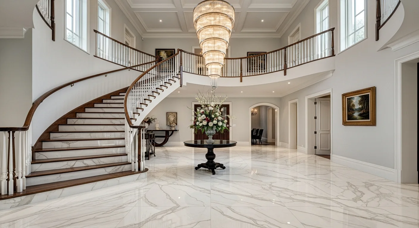 Dramatic foyer with large format marble look porcelain tile floor and double height ceiling in Ada Michigan home