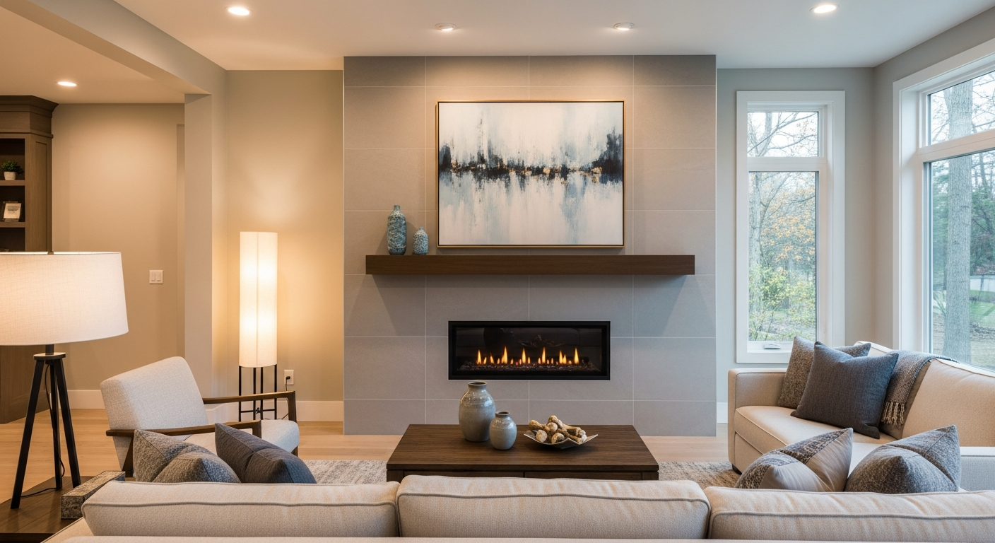 Modern large-format porcelain tile surround installed around a gas fireplace insert in a West Michigan living room