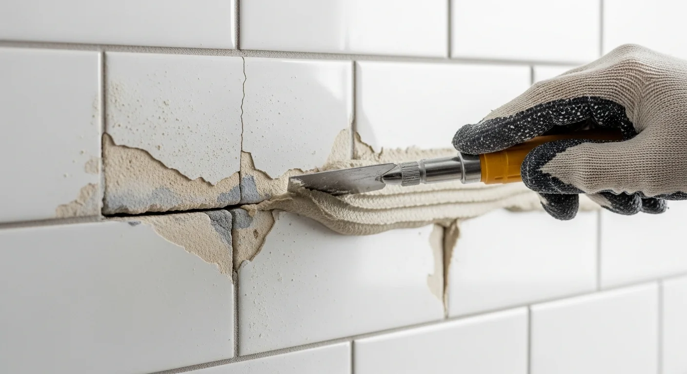 Close-up of tile grout lines showing discoloration and staining patterns in a kitchen floor