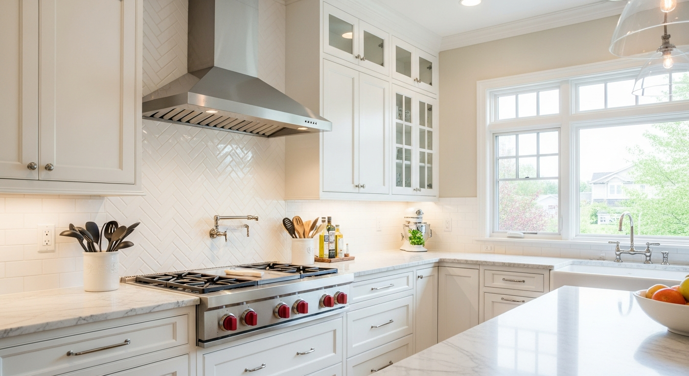 Herringbone tile pattern installed as kitchen backsplash and entryway floor in a West Michigan home