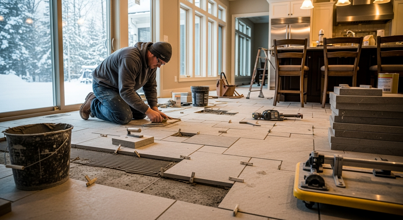 Mason installing stone tile flooring in a Michigan kitchen during winter with snow visible outside