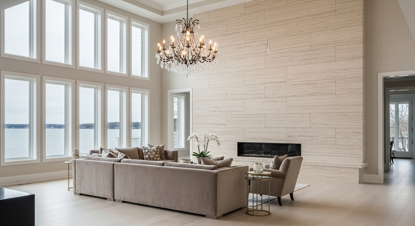 Large format cream travertine stone veneer accent wall in a luxury East Grand Rapids lakefront living room with crystal chandelier