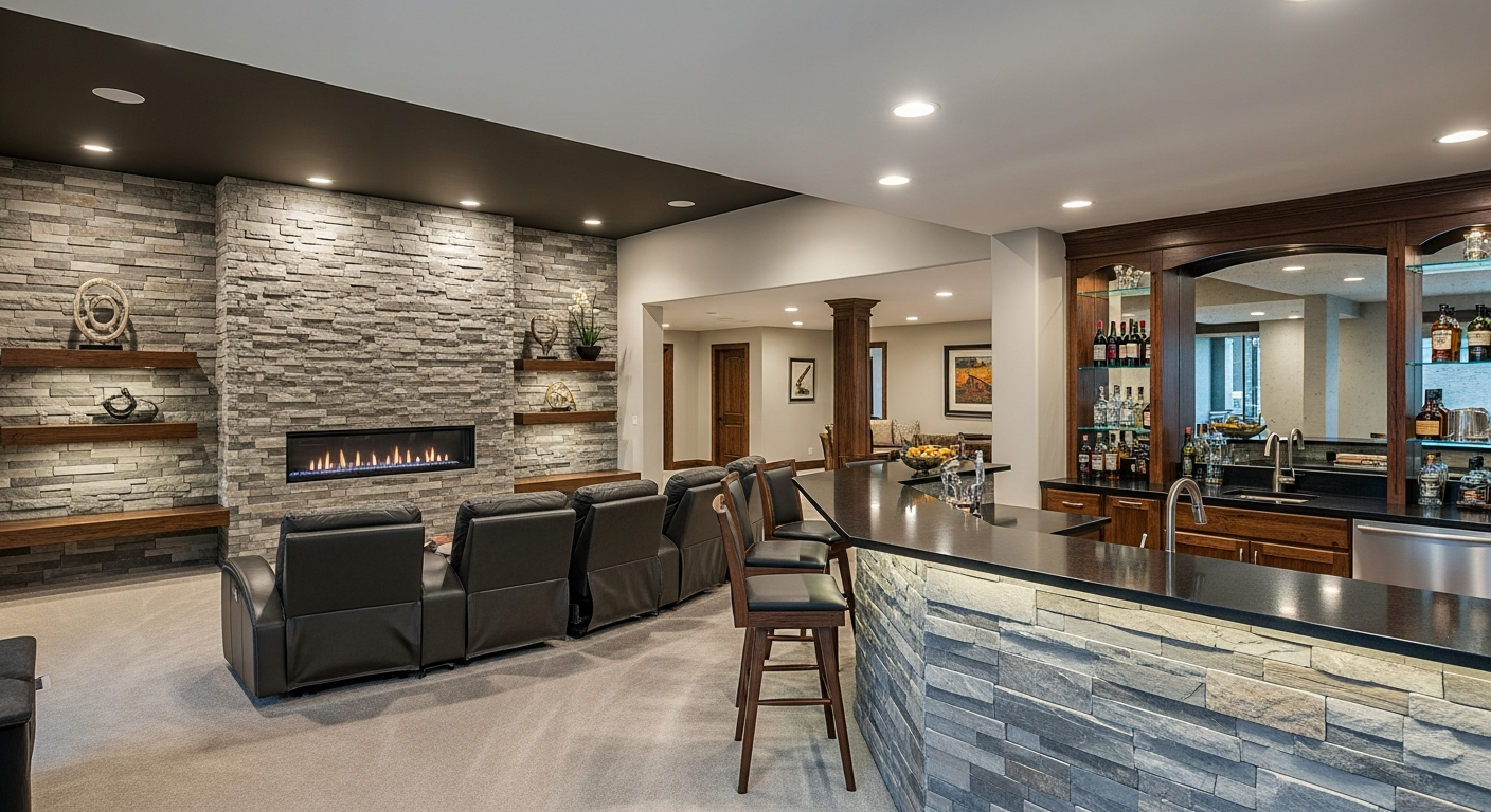 Luxury finished basement with stone veneer fireplace wall and stone-clad wet bar in an upscale Grand Rapids Michigan home