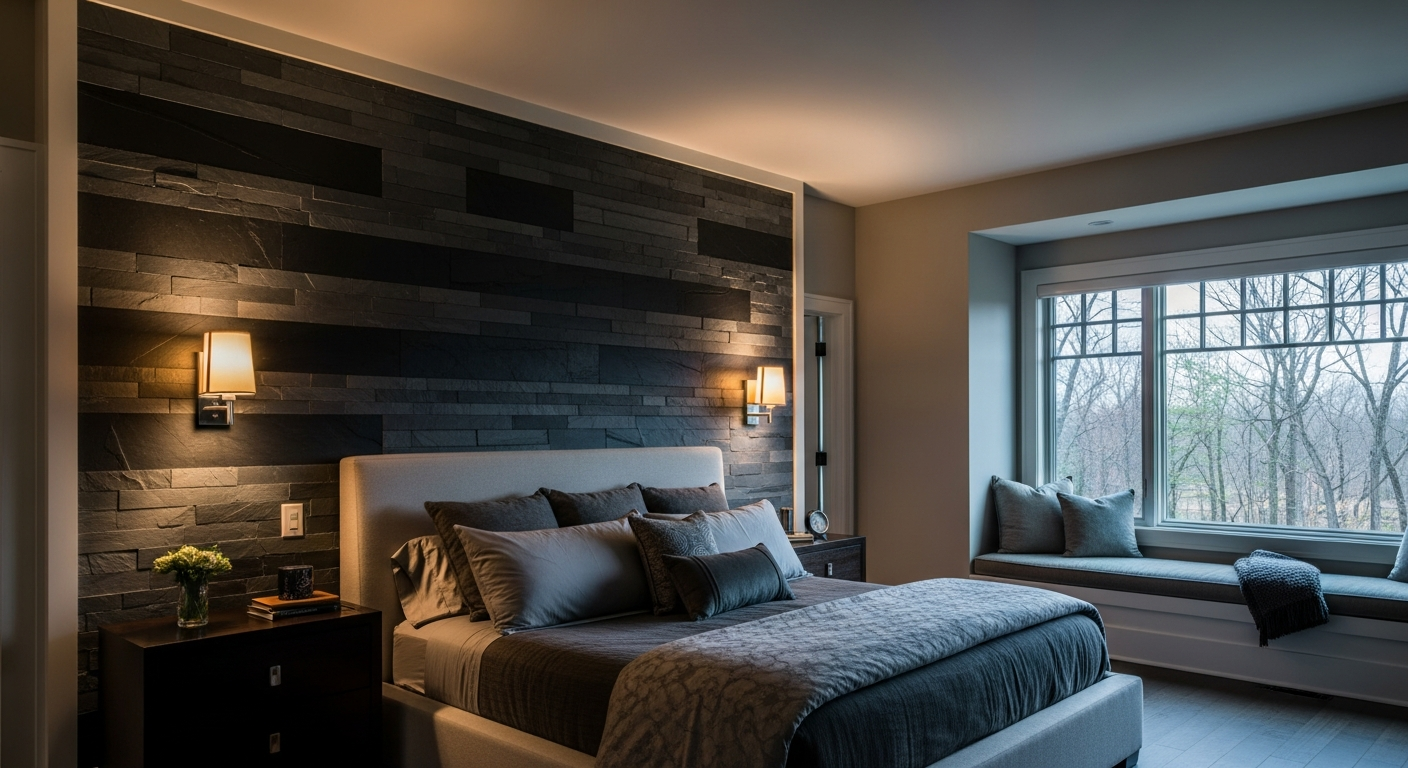 Dark charcoal slate stone veneer accent wall behind king bed in a luxury Forest Hills Michigan master suite with designer sconces