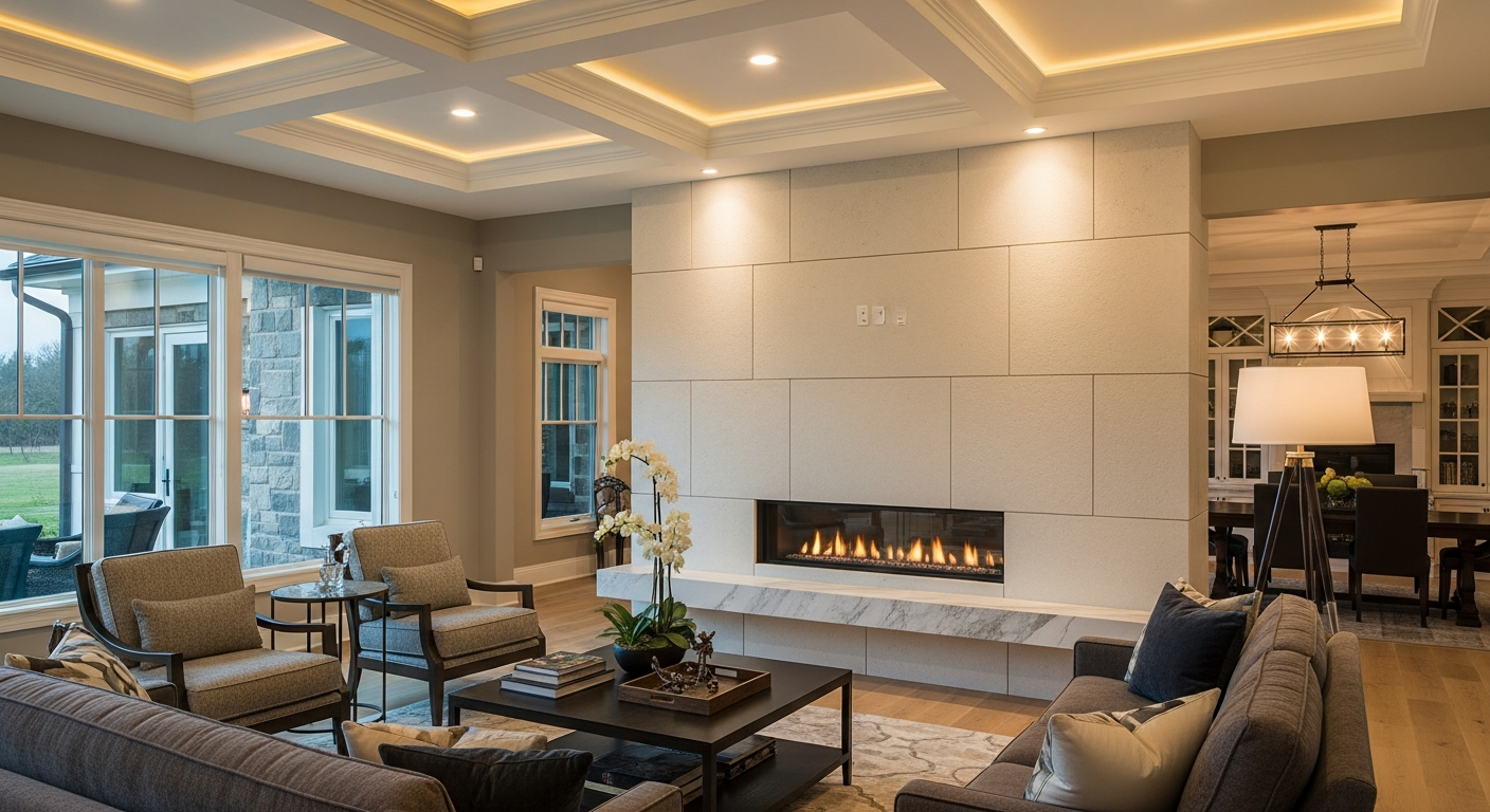 Large format smooth-cut limestone panels around a modern linear gas fireplace in a luxury Ada Michigan great room with coffered ceilings