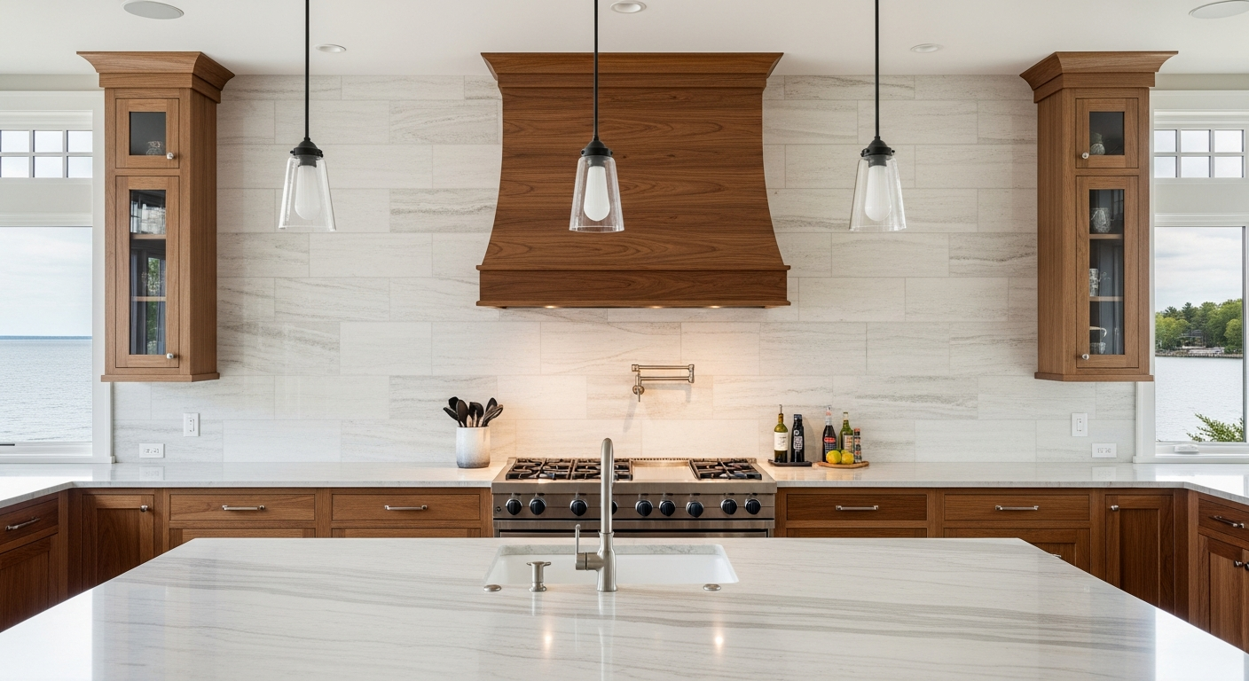 Large format marble-look stone veneer backsplash in a luxury lakefront Michigan kitchen with walnut cabinetry and professional range