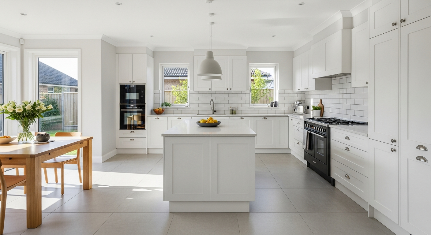 Coordinated kitchen floor tile and backsplash tile in a West Michigan home with matching porcelain materials
